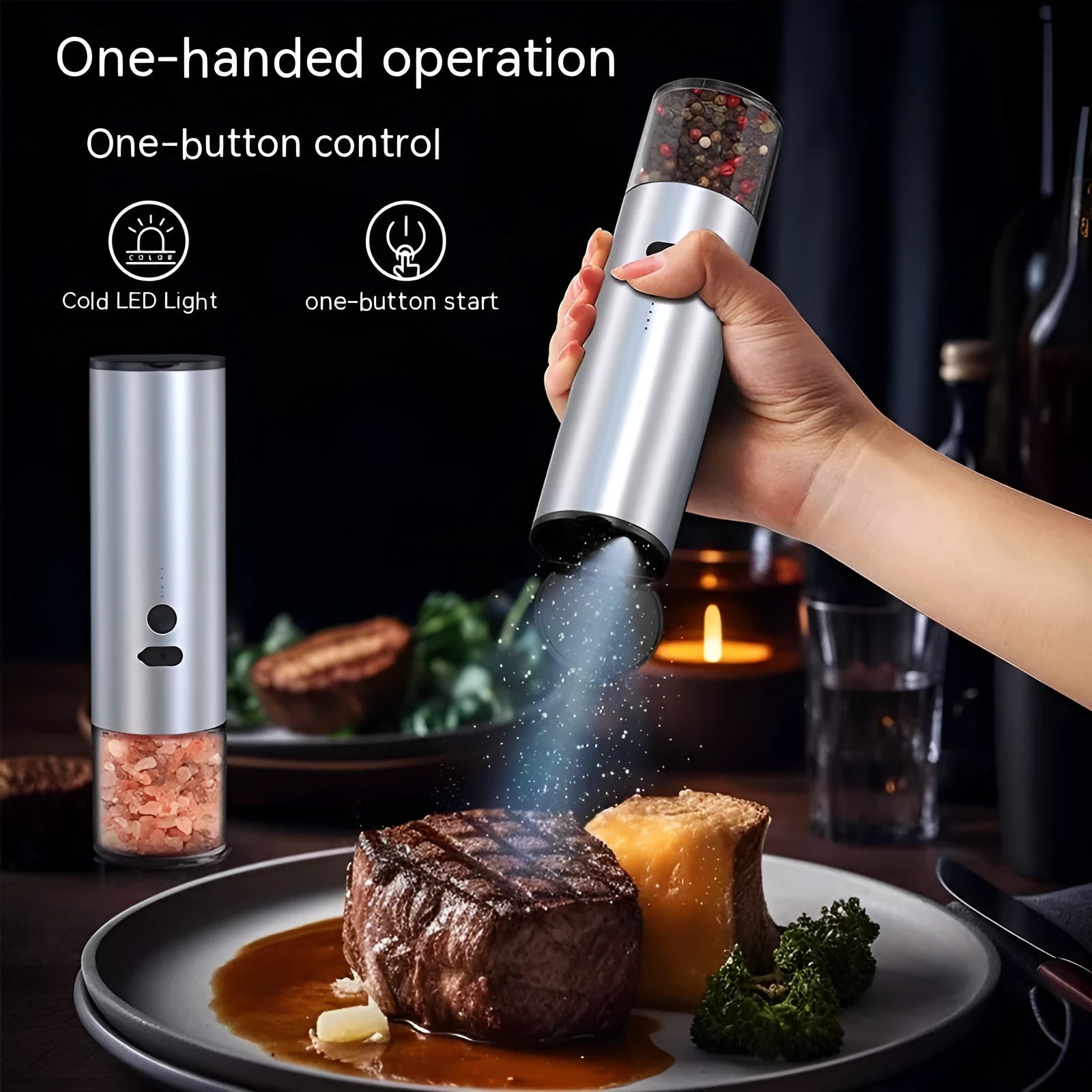 White electric pepper and salt grinder with stainless steel top and clear glass jar showing LED lights