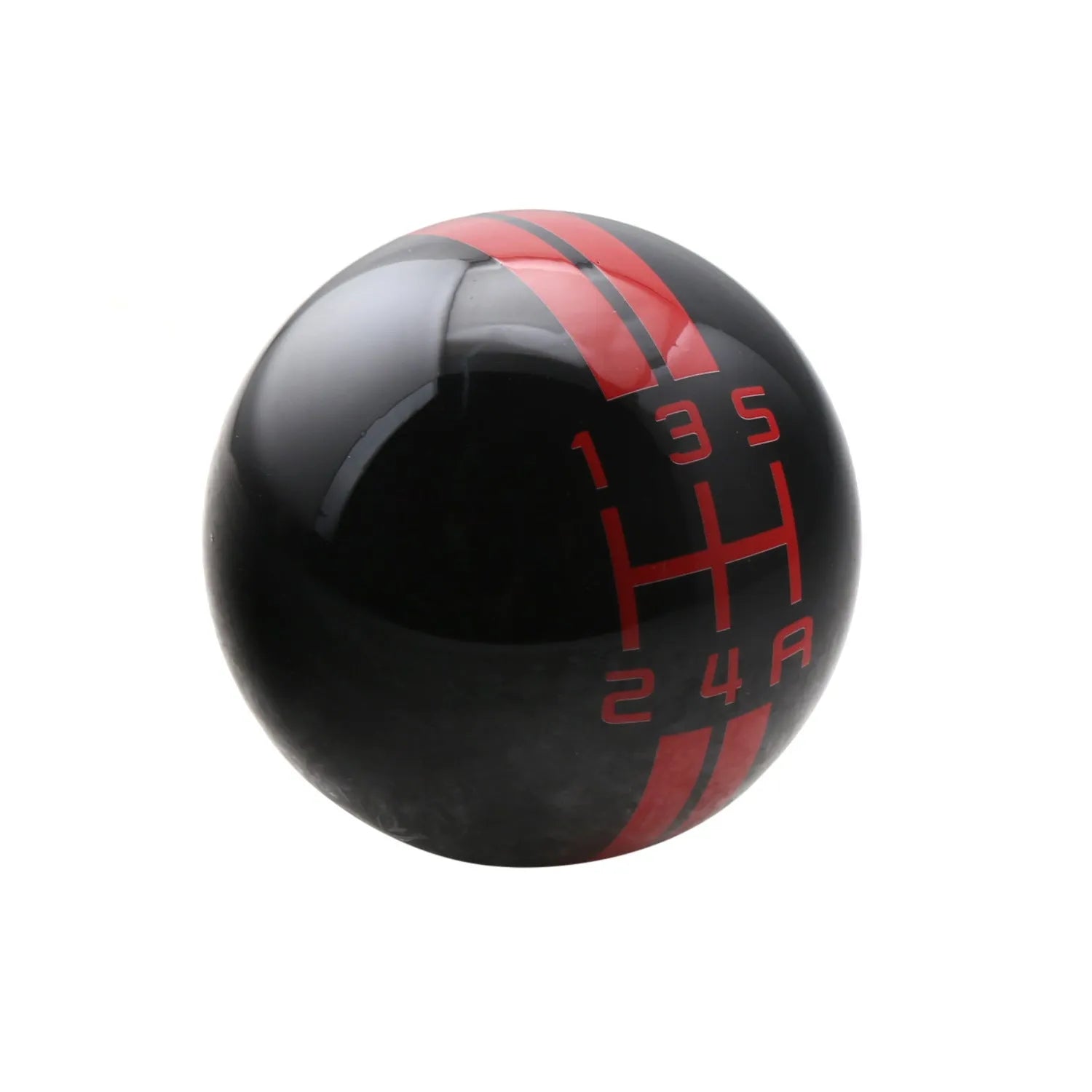 Black acrylic manual car gear head with 5-gear pattern showing red lettering and three installation screws