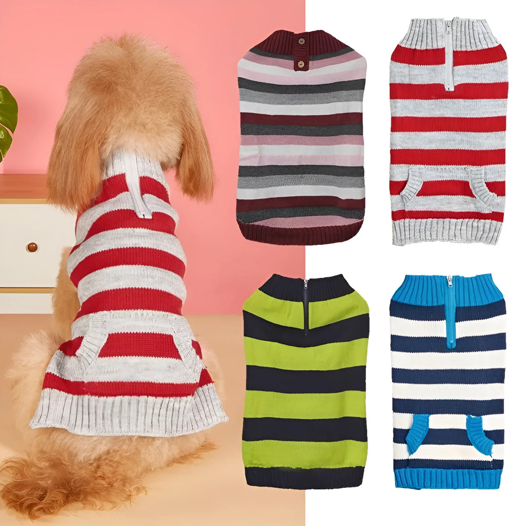 Grey dog sweater on a small dog, showing the horizontal front zipper and a blue contrast button pocket.