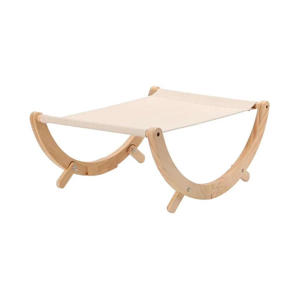 Solid wood cat hammock bed with brown frame and fabric surface