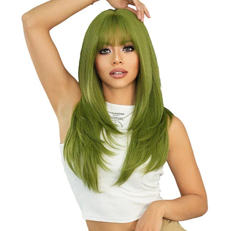 Vanilla green long straight women's wig with bangs, 63 cm silk fibre