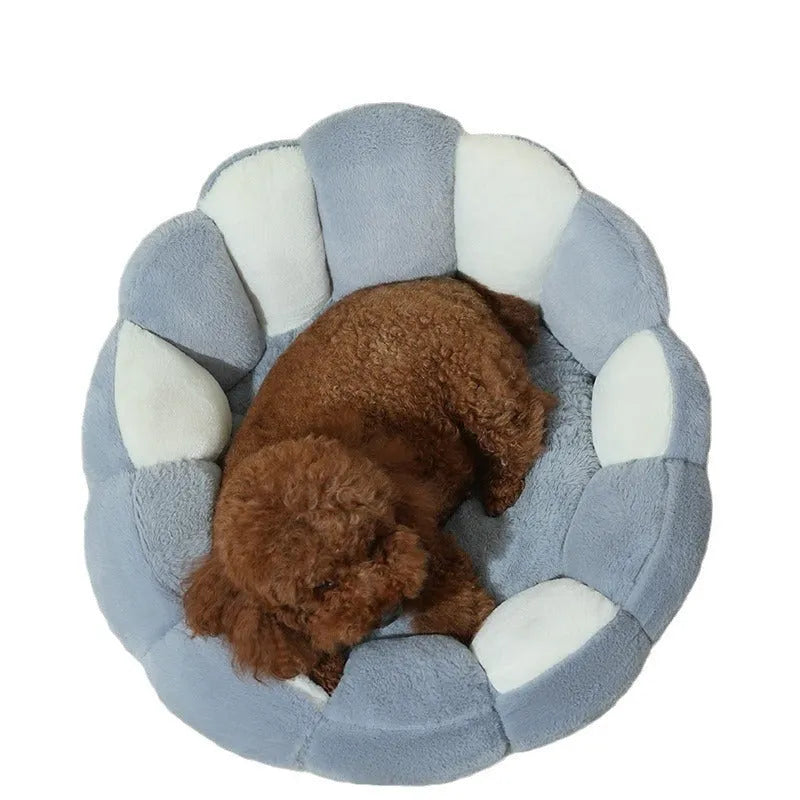 Grey white rabbit fur pet shell nest kennel for cats and dogs, shown in three sizes.
