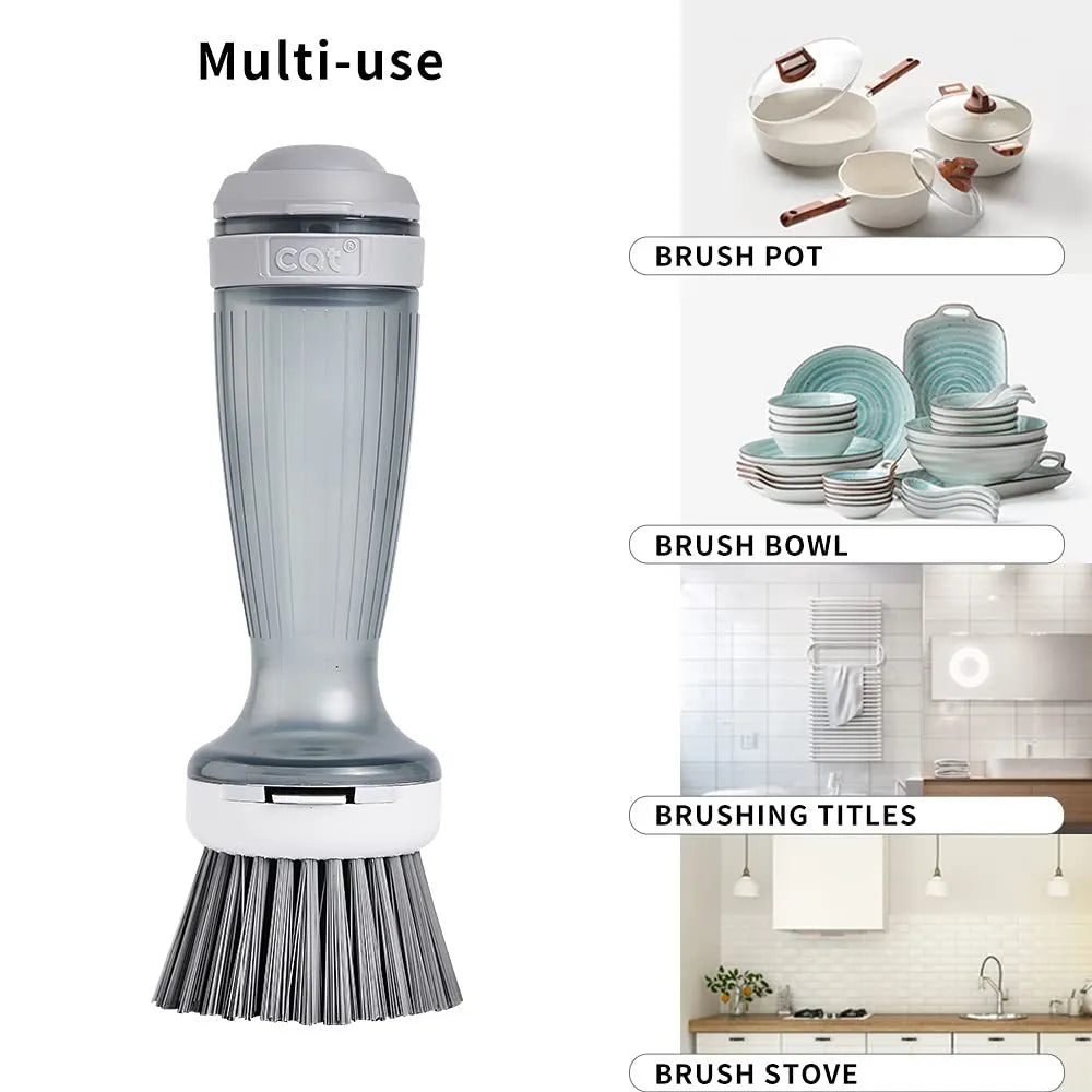 Milk white pot brush with soap dispenser in handle and non-scratch bristles for kitchen sink use.