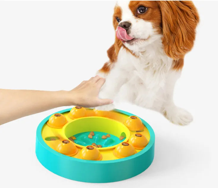 Lake Blue and Green interactive dog puzzle feeder bowl with slow-feeding column and non-slip rubber pads.
