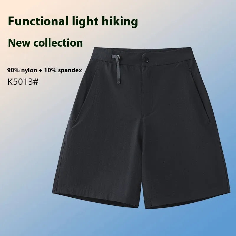 Men's quick-drying sports shorts in khaki colour with a four-sided elastic waistband, shown flat.