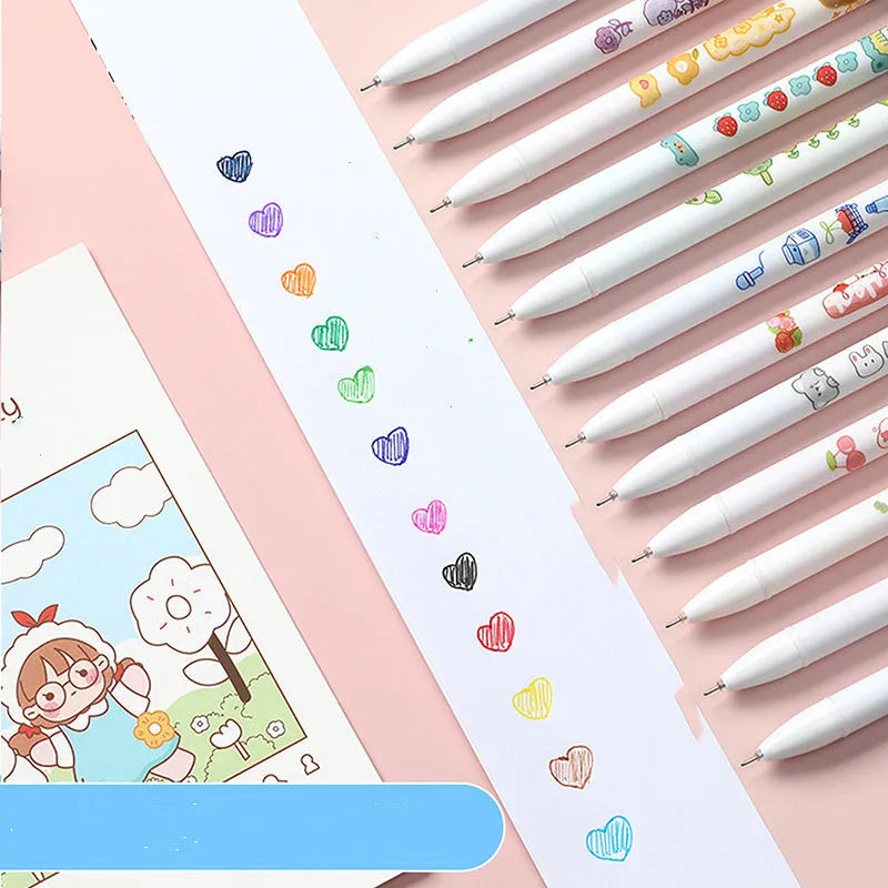 Twelve-colour gel pen set with 0.5mm tips in cartoon style for office use