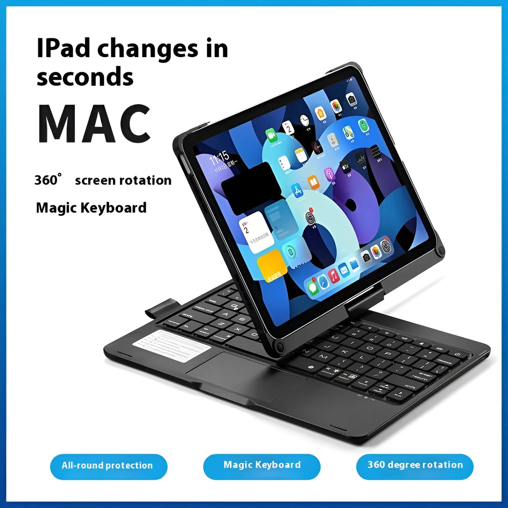 Miaocontrol rotating Bluetooth keyboard showing 360-degree swivel mechanism with iPad attached