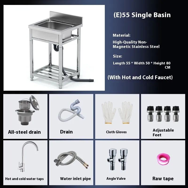Thickened stainless steel vegetable washing basin with brushed finish and deep groove reinforcement, single sink design