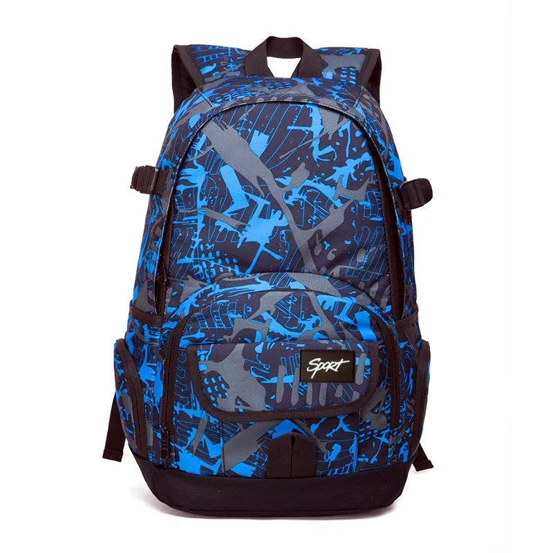 Blue classic nylon large capacity backpack shown upright, with a red colour option available.