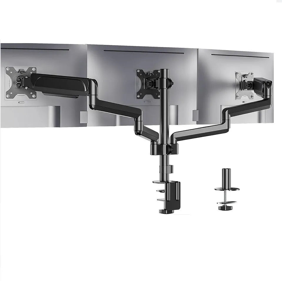 Black three-arm gas spring computer monitor mounting arm for 27-inch screens