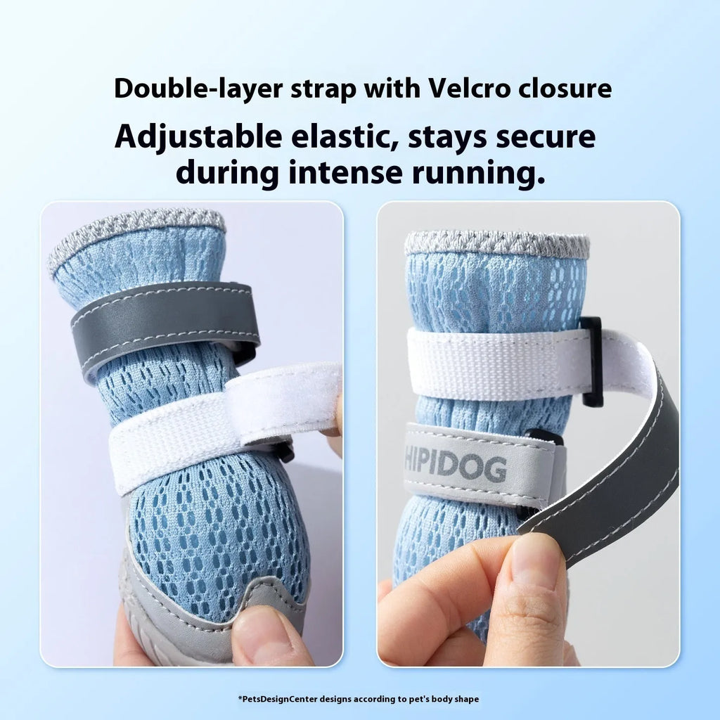 Cartoon style blue and green breathable dog shoes with adjustable strap on a pet's paw.