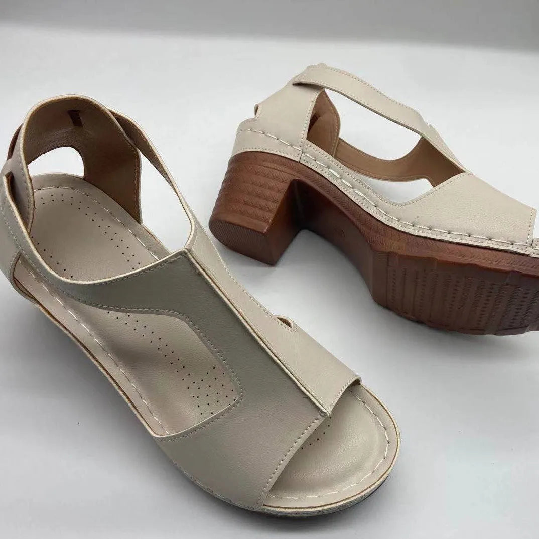 Plus size peep toe wedge sandals with Roman buckle detailing in light brown colour