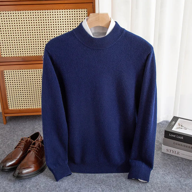Men's half-collar wool sweater in loose fit showing half-turtleneck collar and regular sleeve design.