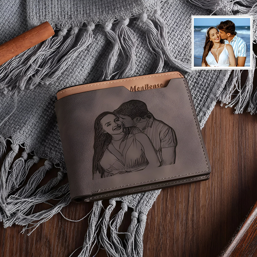 Coffee brown engraved horizontal short wallet with custom photo personalisation showing 120x99x25mm dimensions