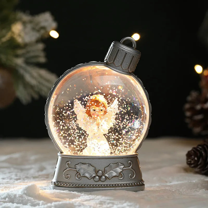 Set of four battery-operated LED Christmas flame light decorations: Old Man, Snowman, Kids Tree, and Angel plastic crafts.