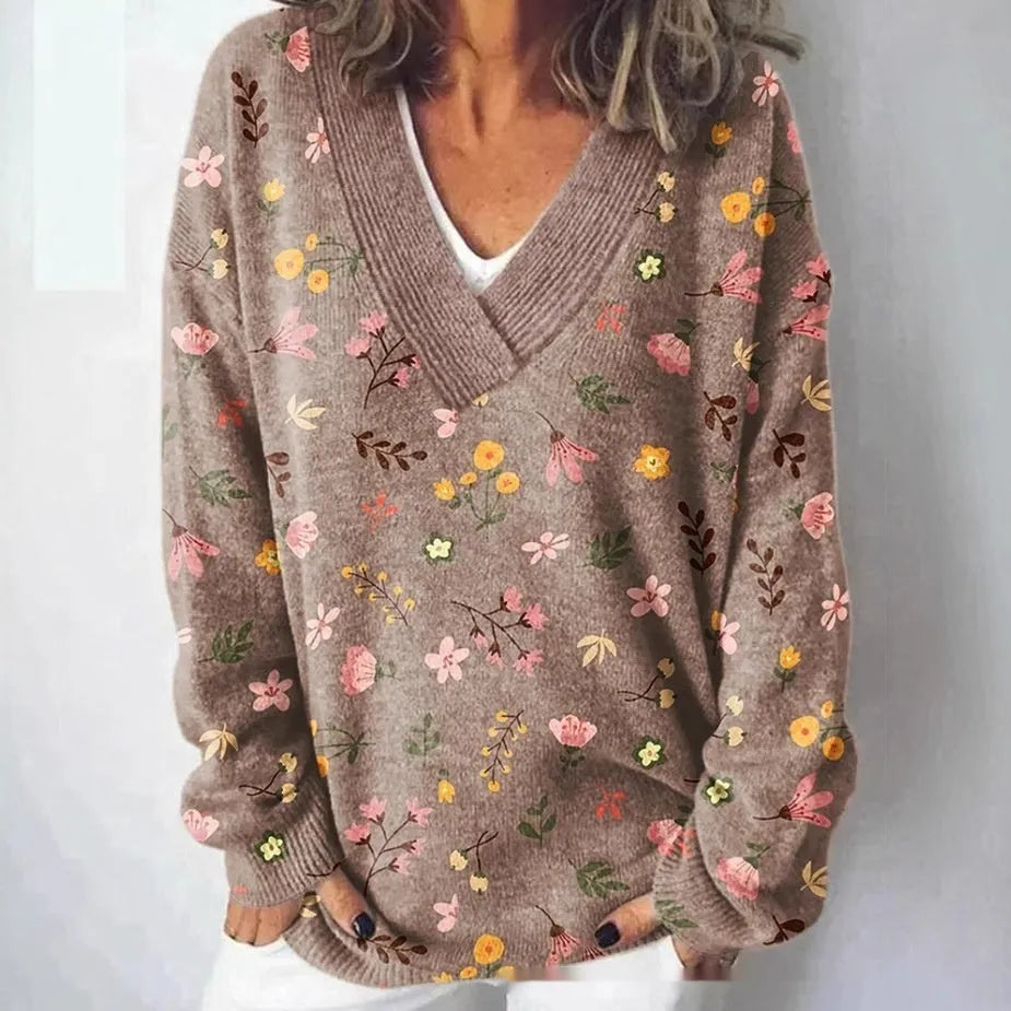 Women's floral pattern 3D printed V-neck sweatshirt with long sleeves