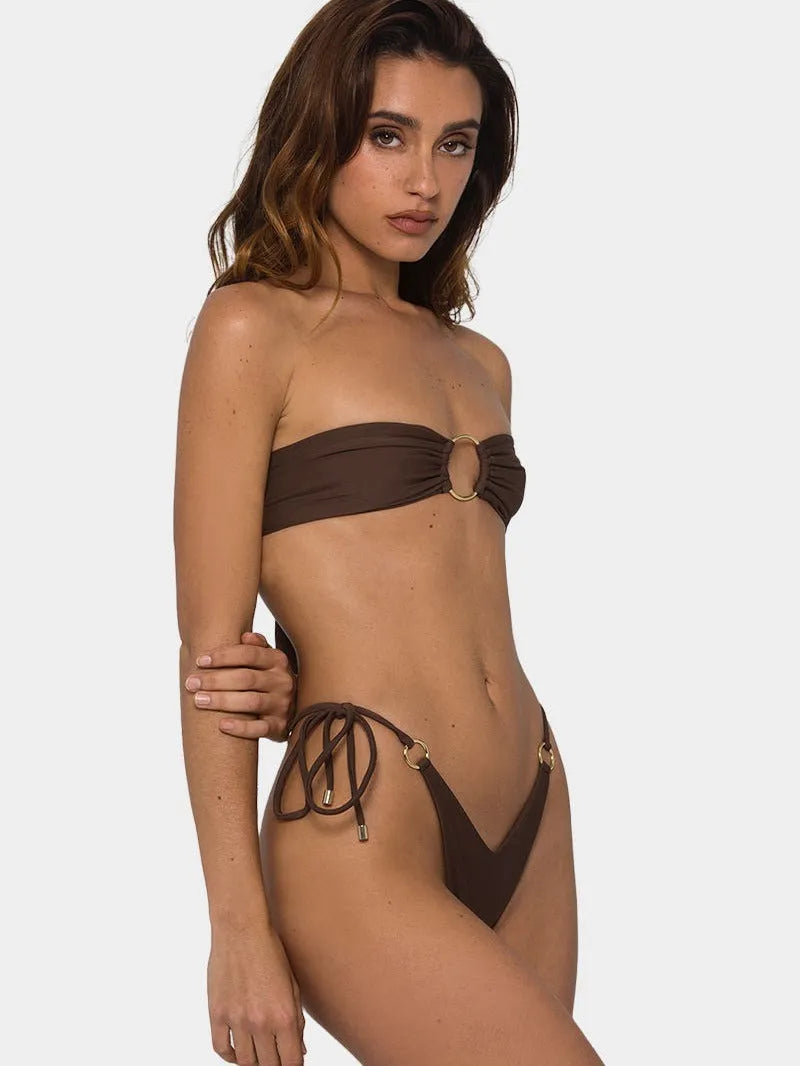 Brown women's tube-top push-up bikini swimsuit with a ring tether detail.