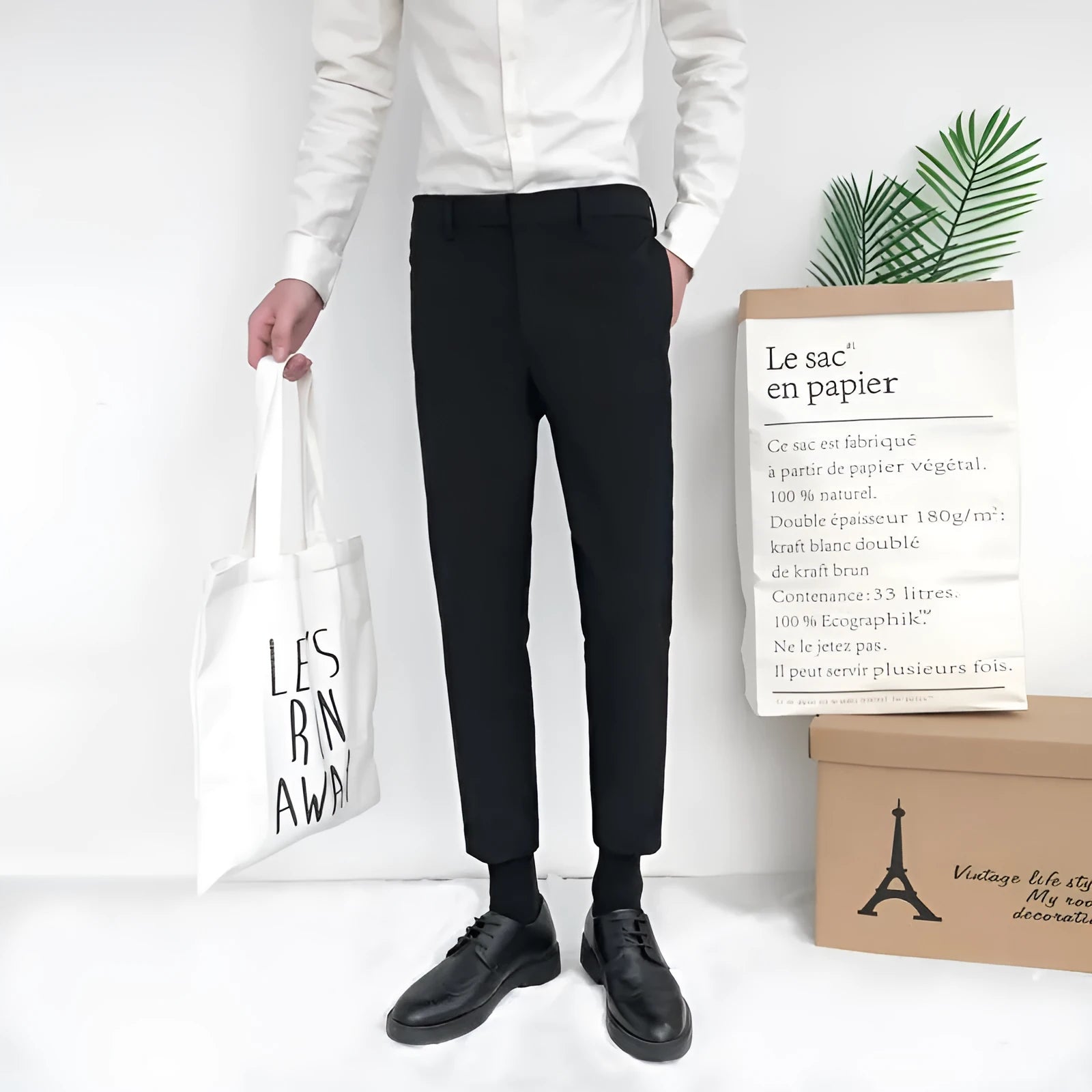 Men's slim straight-leg cotton trousers with drawstring waist in black, grey, or khaki colours