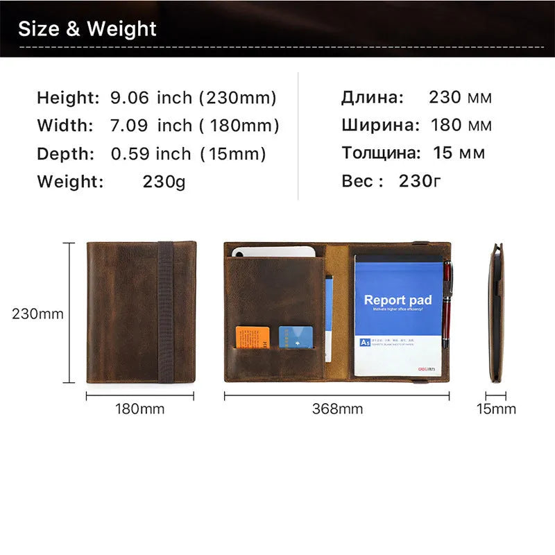 Brown crazy horse leather A5 notebook protective sleeve with square shape and socket closure
