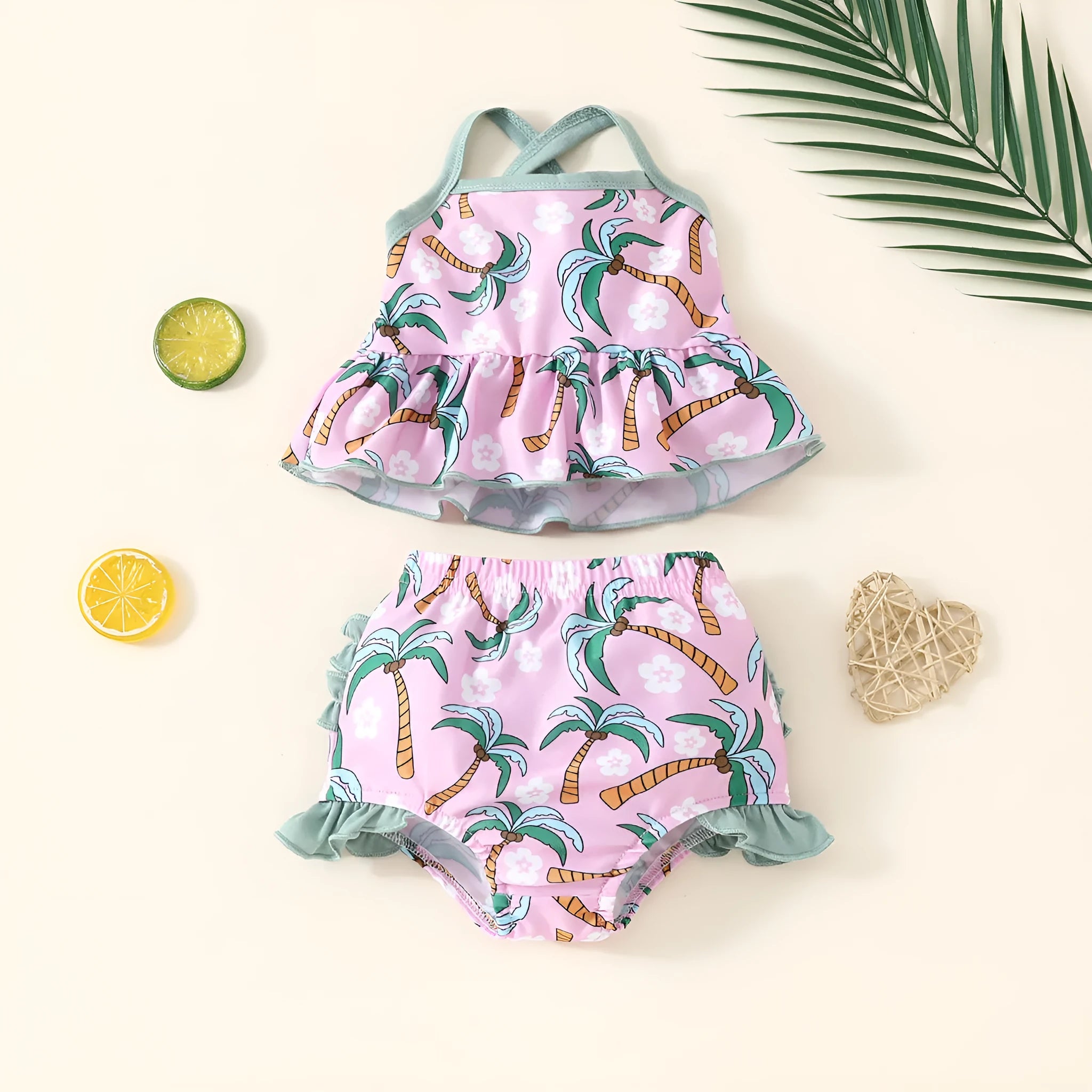 Girls' white sweet style two-piece swimsuit set with shirt top and shorts