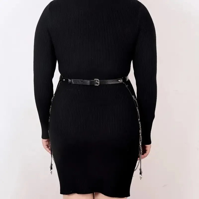 Black PU leather waist chain with bandage binding design for women's decorative clothing ornament