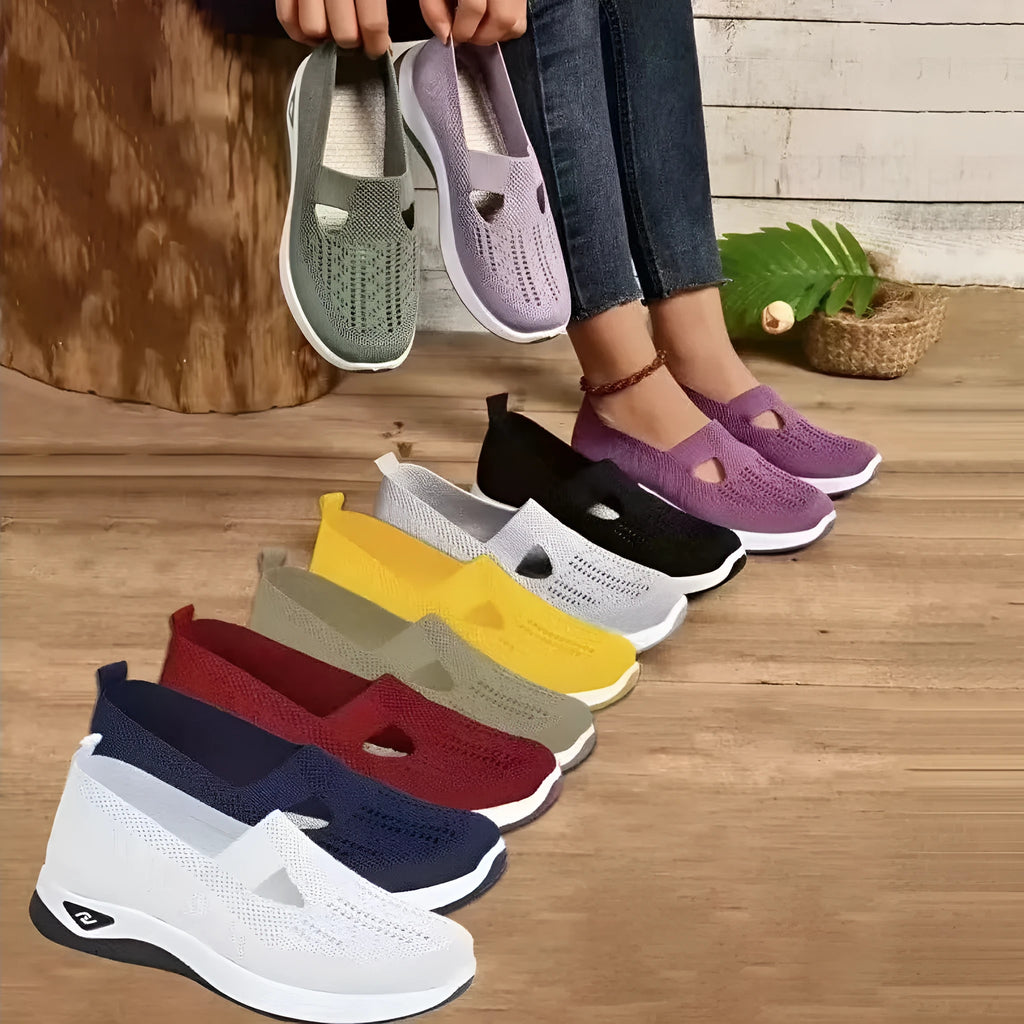 Women's soft sole casual mesh shoes with T-strap in various colours on a white background