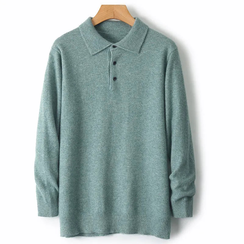 Men's polo collar wool sweater in noble blue colour showing long sleeves and knit texture