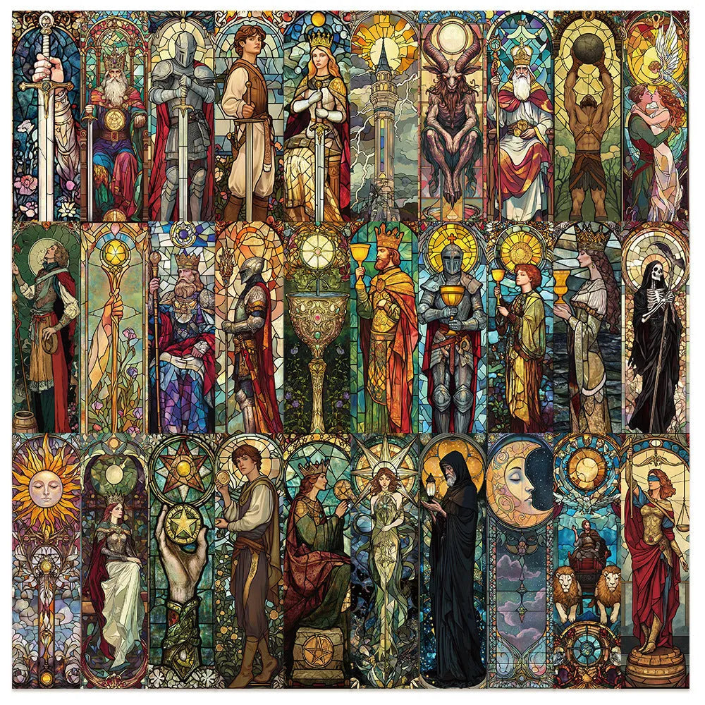 Set of 30 paper bookmarks with painted glass tarot card designs in a cute homemade style.