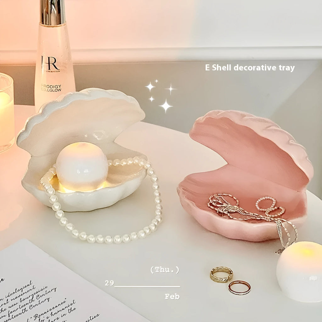 White porcelain storage box tray with optional small night light, in pink or white shell colours.