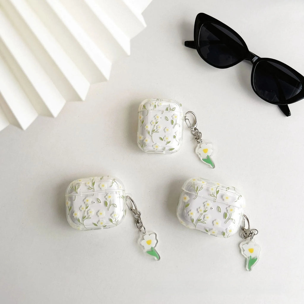 Transparent white floral TPU protective case for Apple AirPods showing decorative pattern