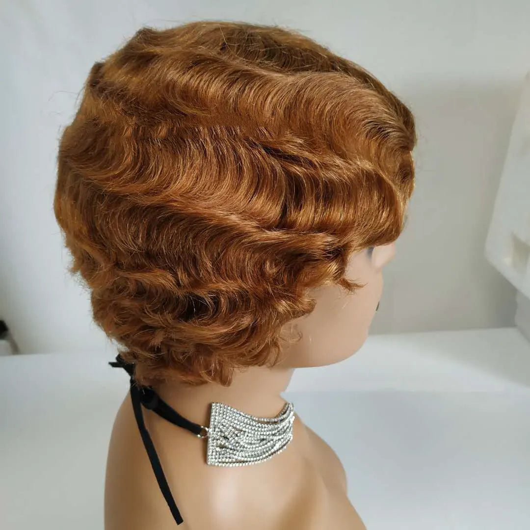 Pixie cut short bob wig with finger waves real human hair 4 inch old Shanghai retro style for ladies