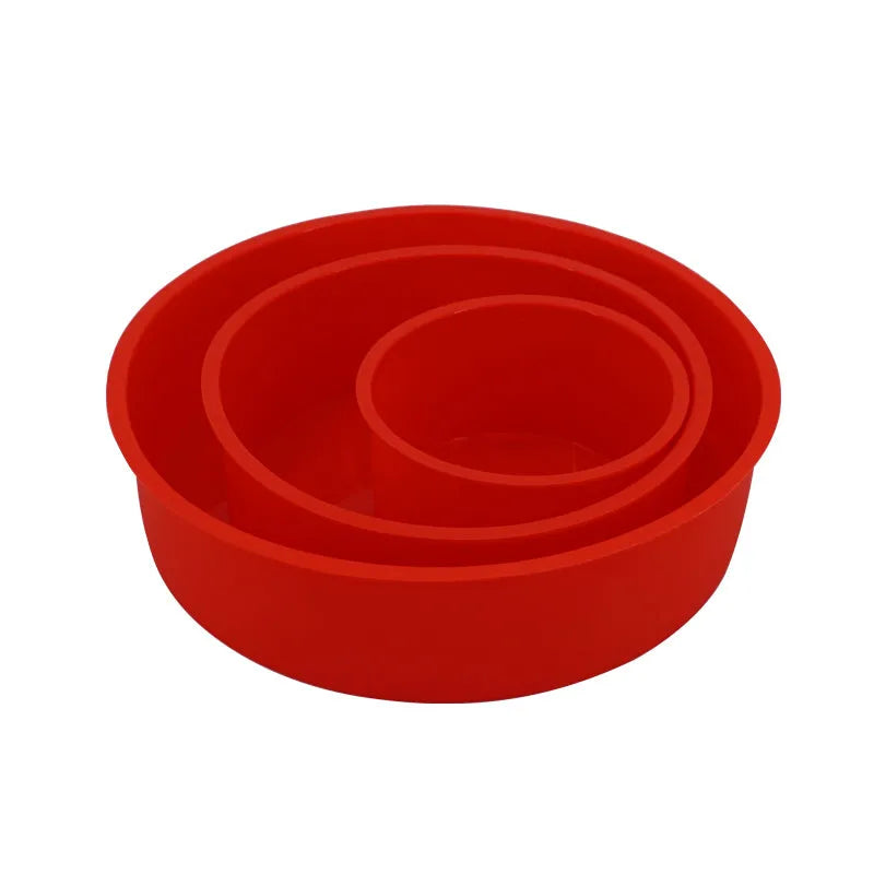 Red silicone round cake baking mould showing three size options: 8-inch, 6-inch and 4-inch