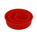 Red silicone round cake baking mould showing three size options: 8-inch, 6-inch and 4-inch