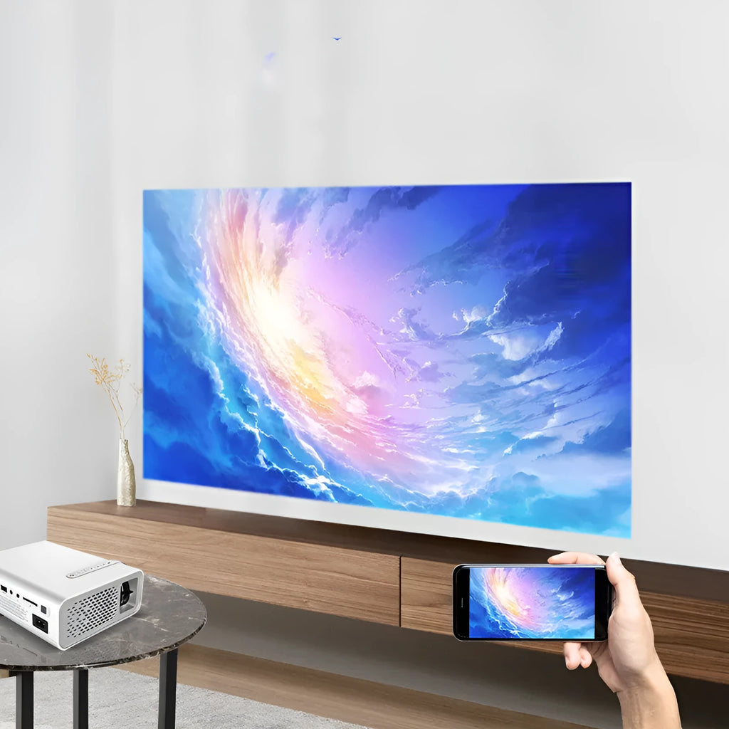 Black and white mini mobile phone projector with LED lens for wireless projection up to 138 inches.