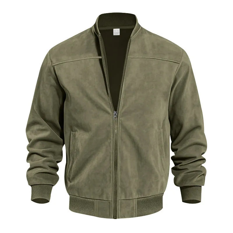 Men's plus size suede zip-front casual jacket shown in army green colour.