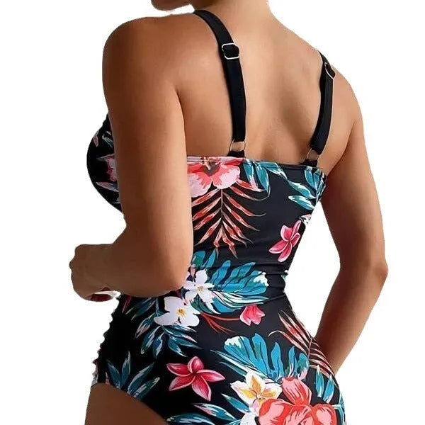 Women's floral pattern one-piece swimsuit with backless design in polyester spandex material