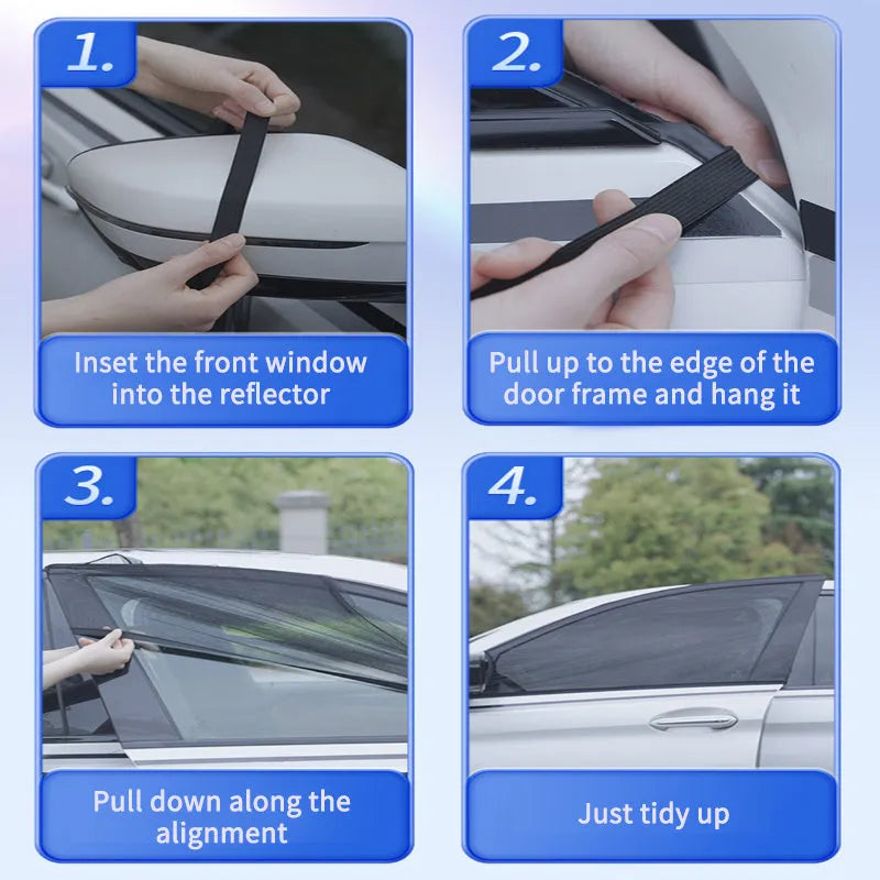 Car side window sunshade mesh installed on vehicle door with elastic strip fixation