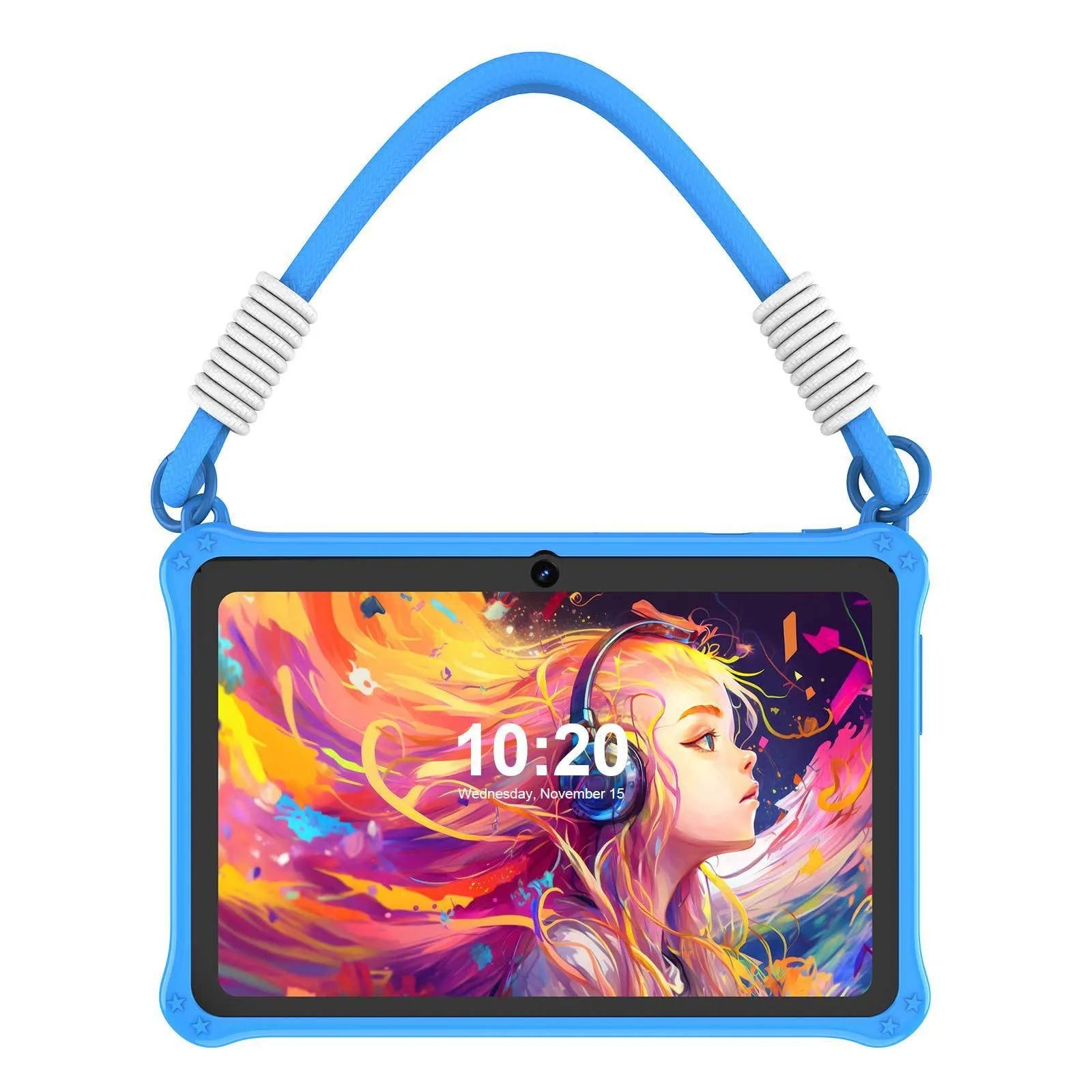 7-inch children's silicone tablet case with flat strap in sapphire blue and dark pink colours