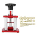 Watch repair spiral cap presser device with a set of 20 plastic moulds for sealing watch back covers.