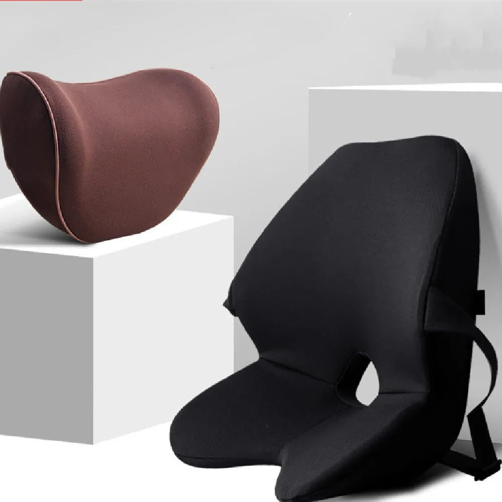 Car lumbar support cushion with memory foam, shown in beige colour, alongside a matching headrest option.