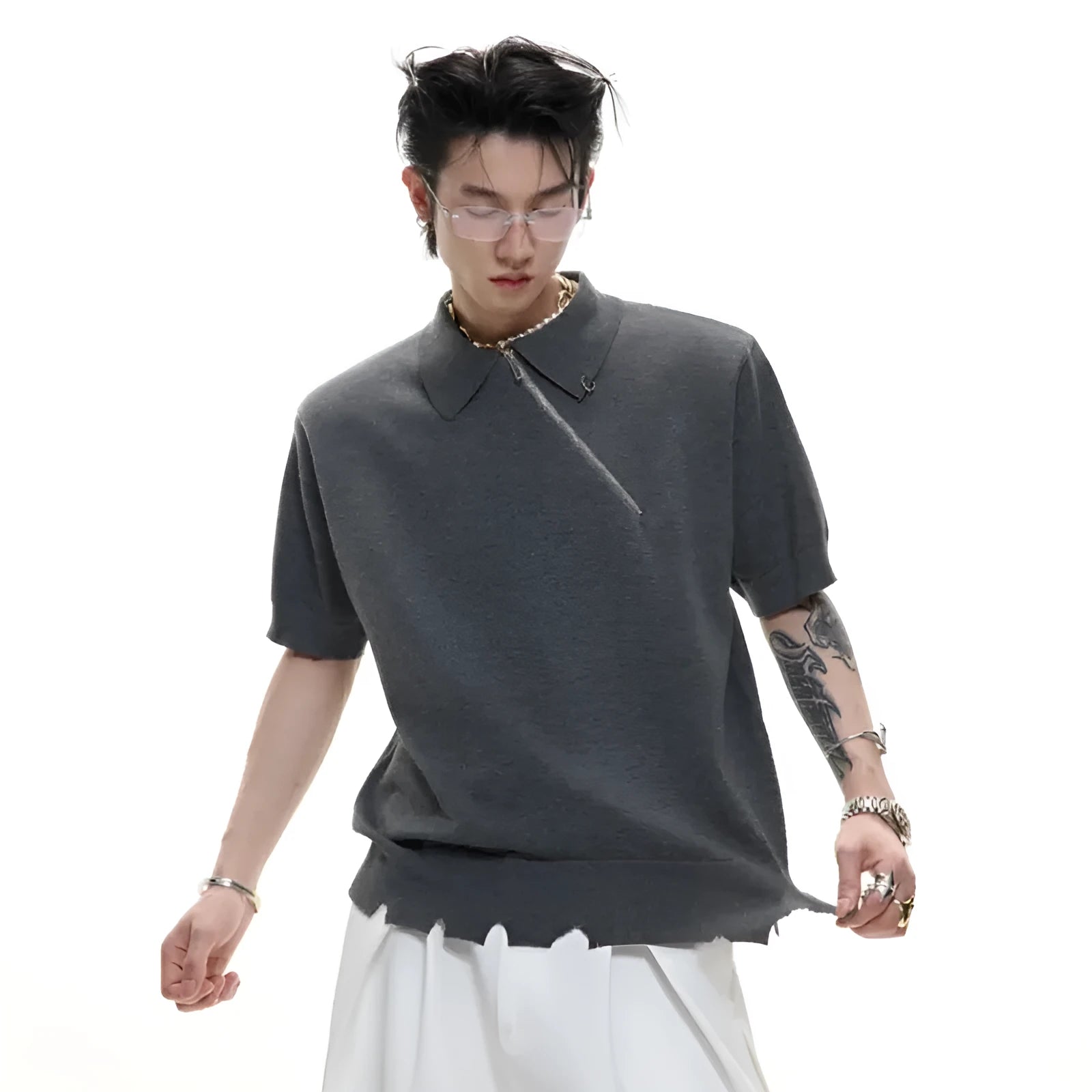 Men's slim-fit knitted polo shirt with oblique zipper lapel collar in black, grey or white