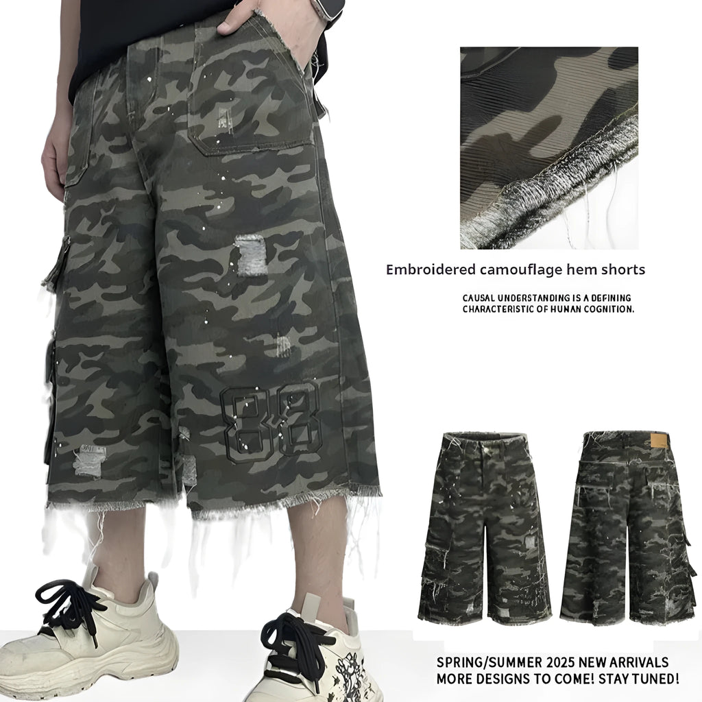 Camouflage cotton wide leg shorts with micro elastic waist in summer style