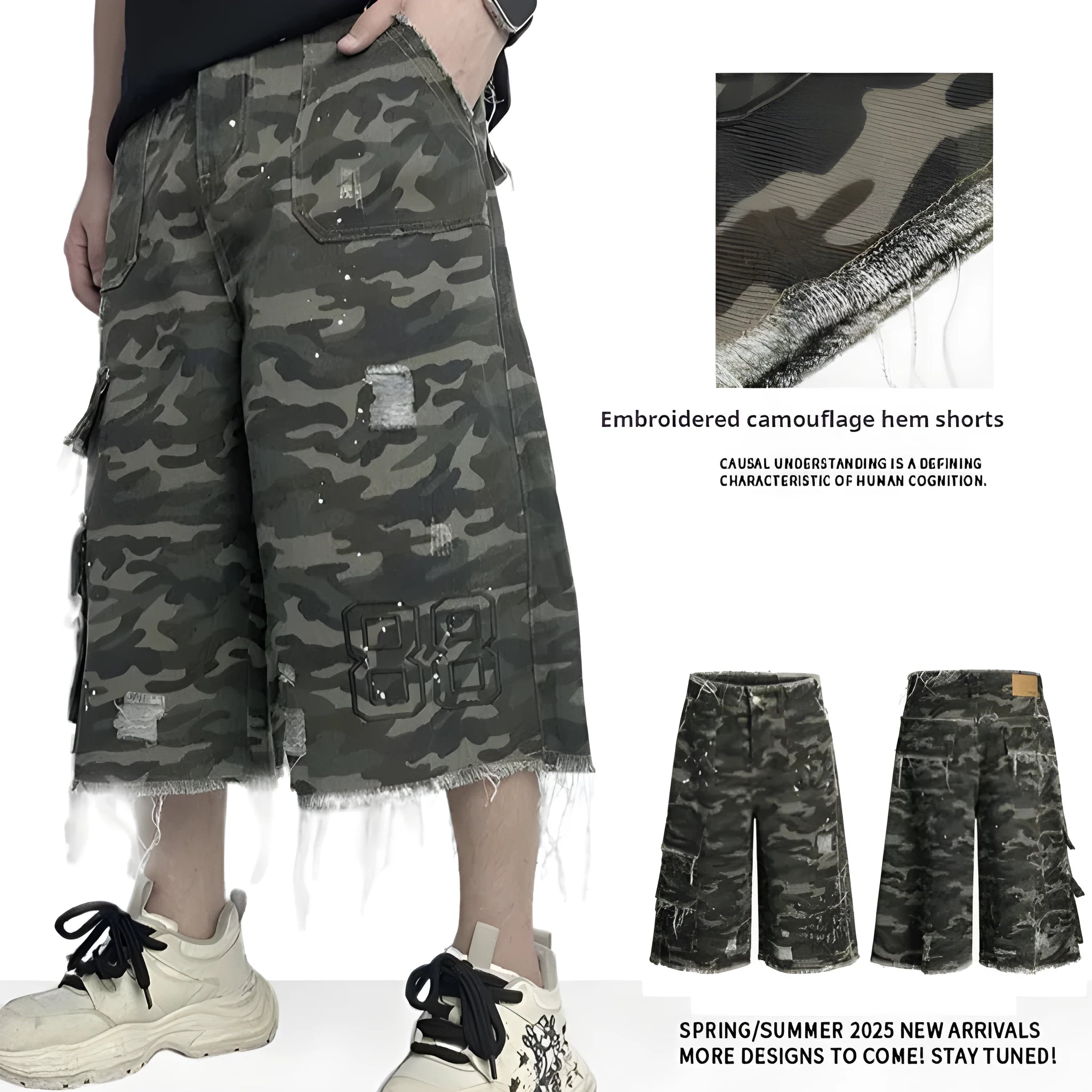 Camouflage cotton wide leg shorts with micro elastic waist in summer style