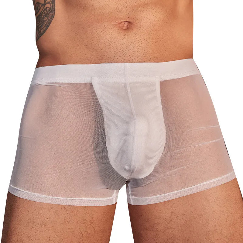 Pair of men's ultra-thin black nylon boxer briefs on a plain background.