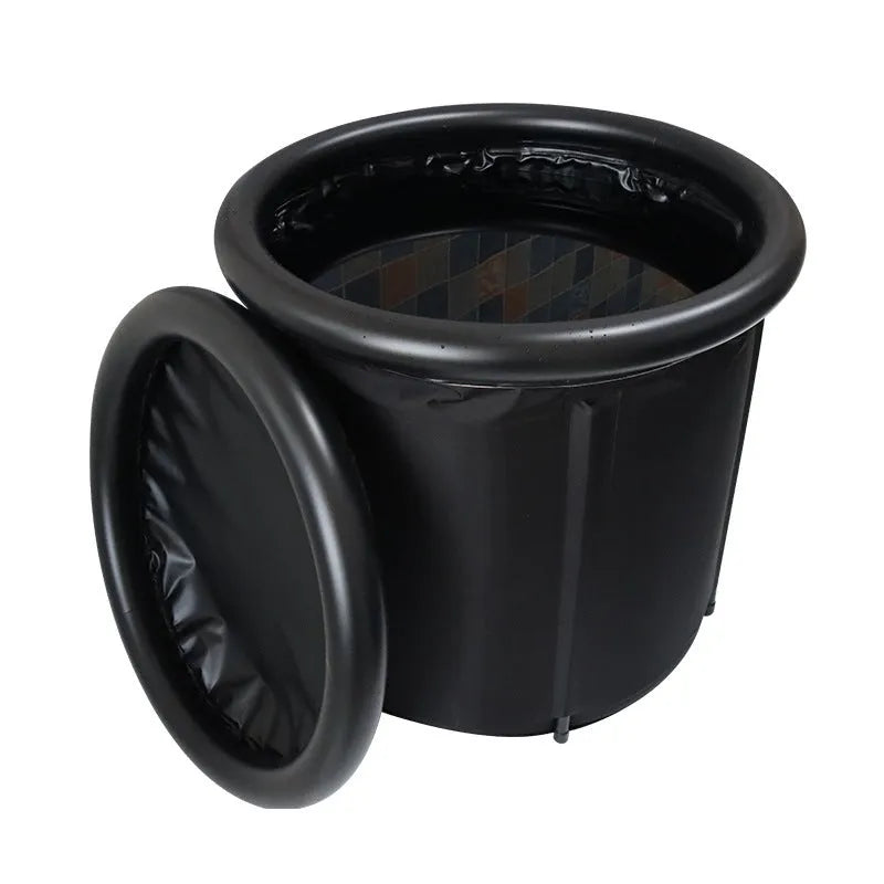 Black inflatable portable ice bath tub with weather lid and accessories for cold water therapy