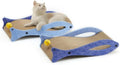 Blue fish-shaped cardboard cat scratcher lounge with a dangling bell ball toy.
