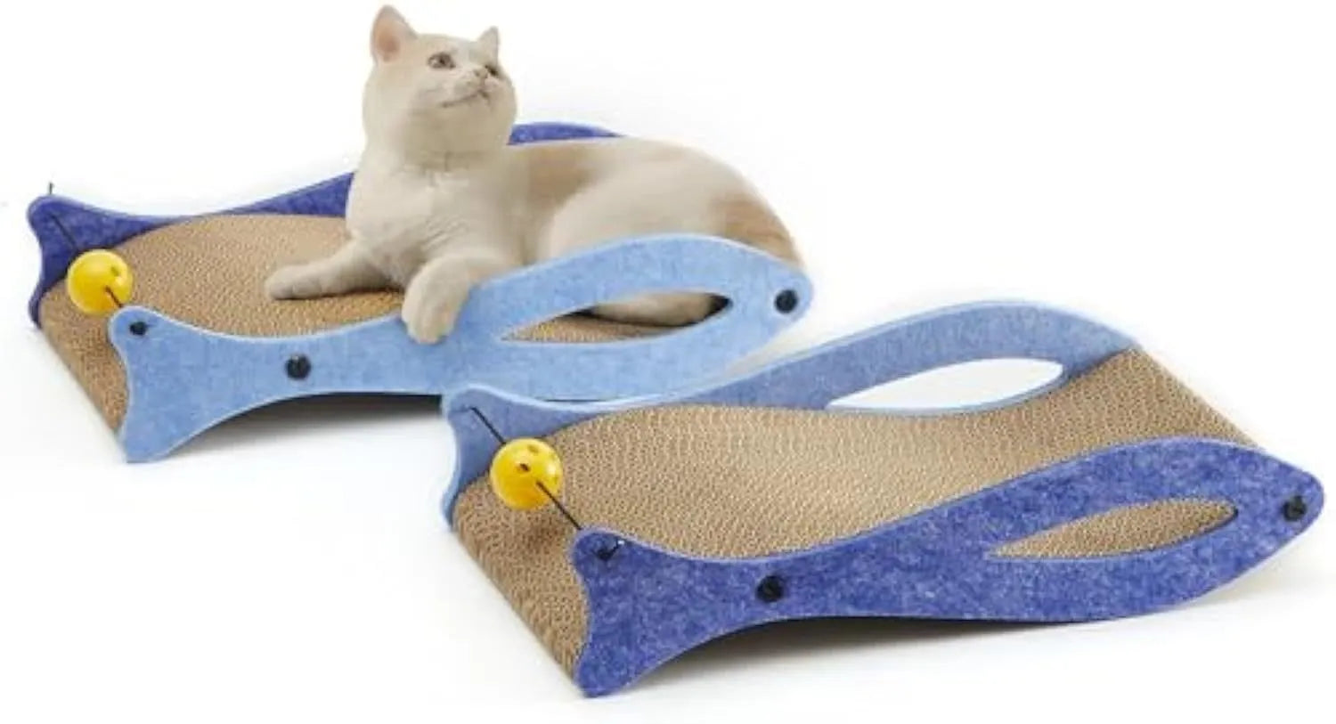 Blue fish-shaped cardboard cat scratcher lounge with a dangling bell ball toy.