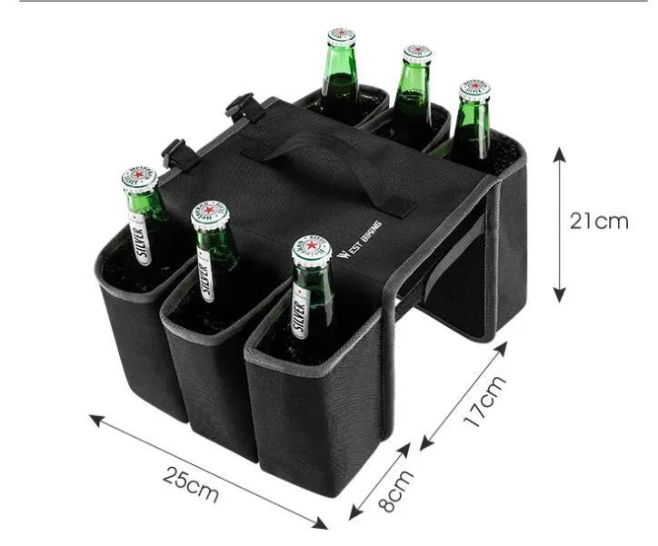 Black and orange bicycle handlebar bag for two drink bottles, made from 600D PVC material.