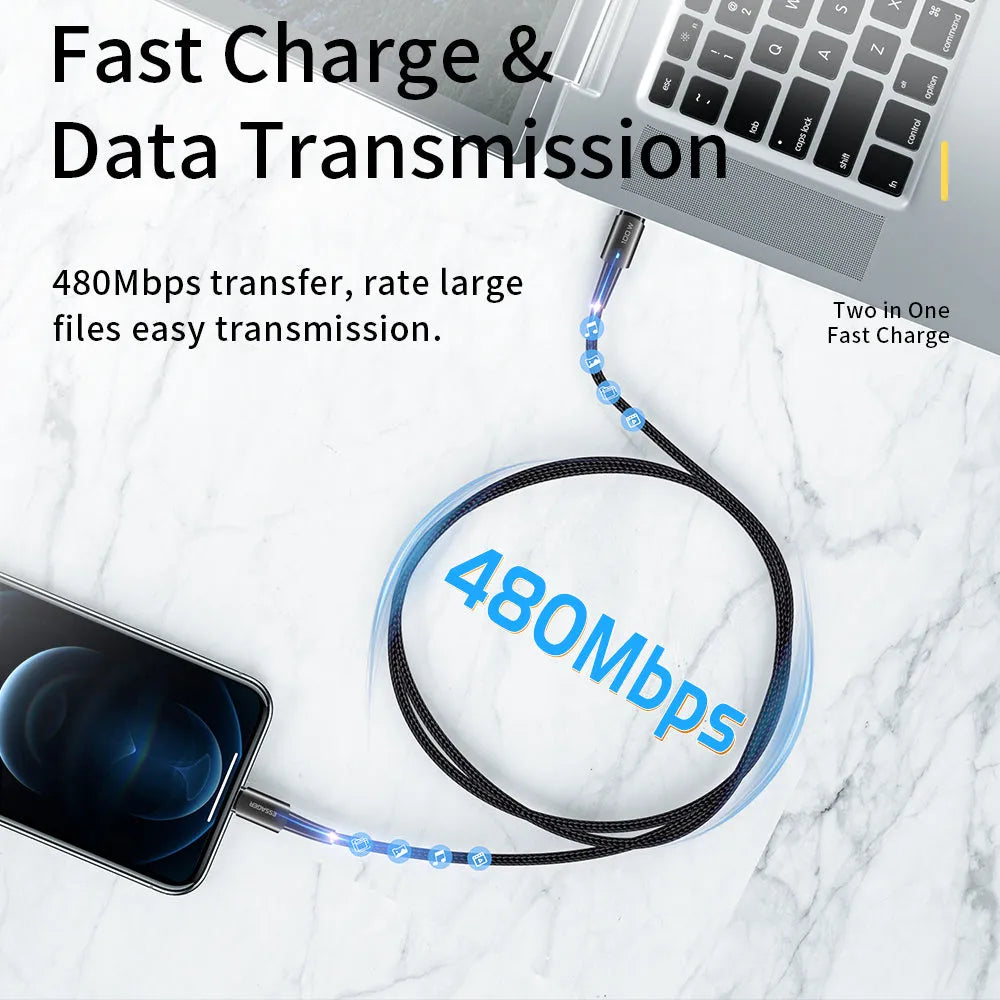 27W PD fast charging mobile phone cable with aluminium alloy section and indicator light in black colour