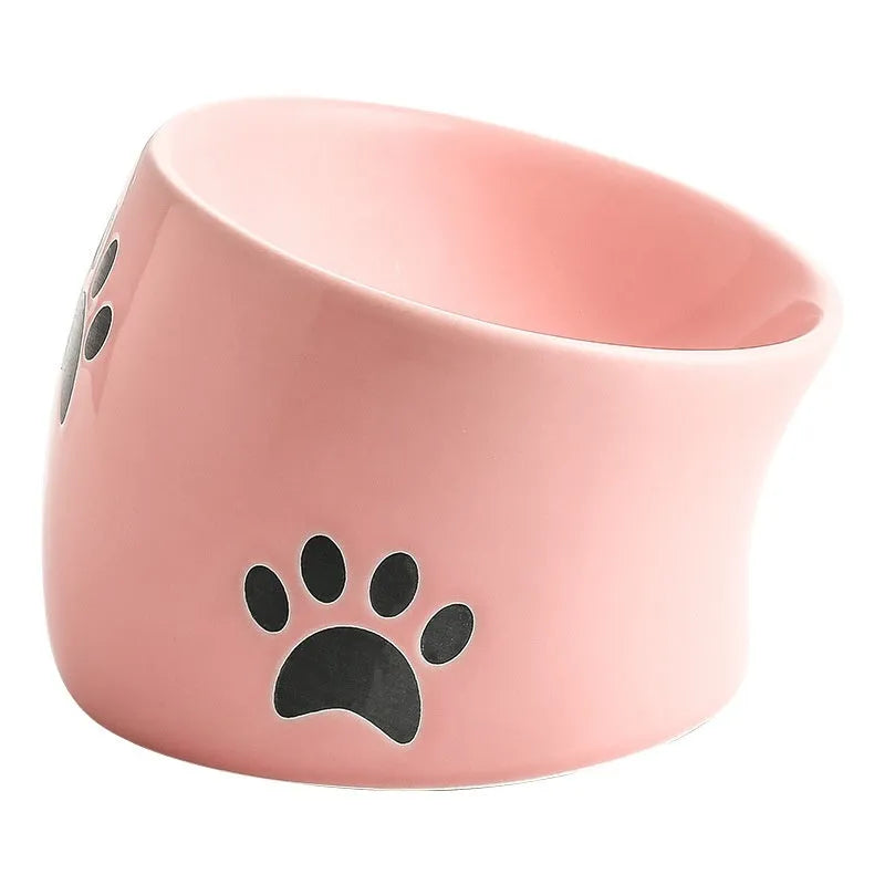 Ceramic cat bowl with high-footed design showing cat's paw decoration pattern in selected colour